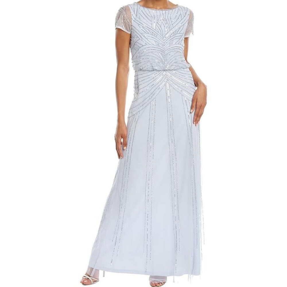 Adrianna Papell Silver Beaded Illusion Cap Sleeve Evening Gown